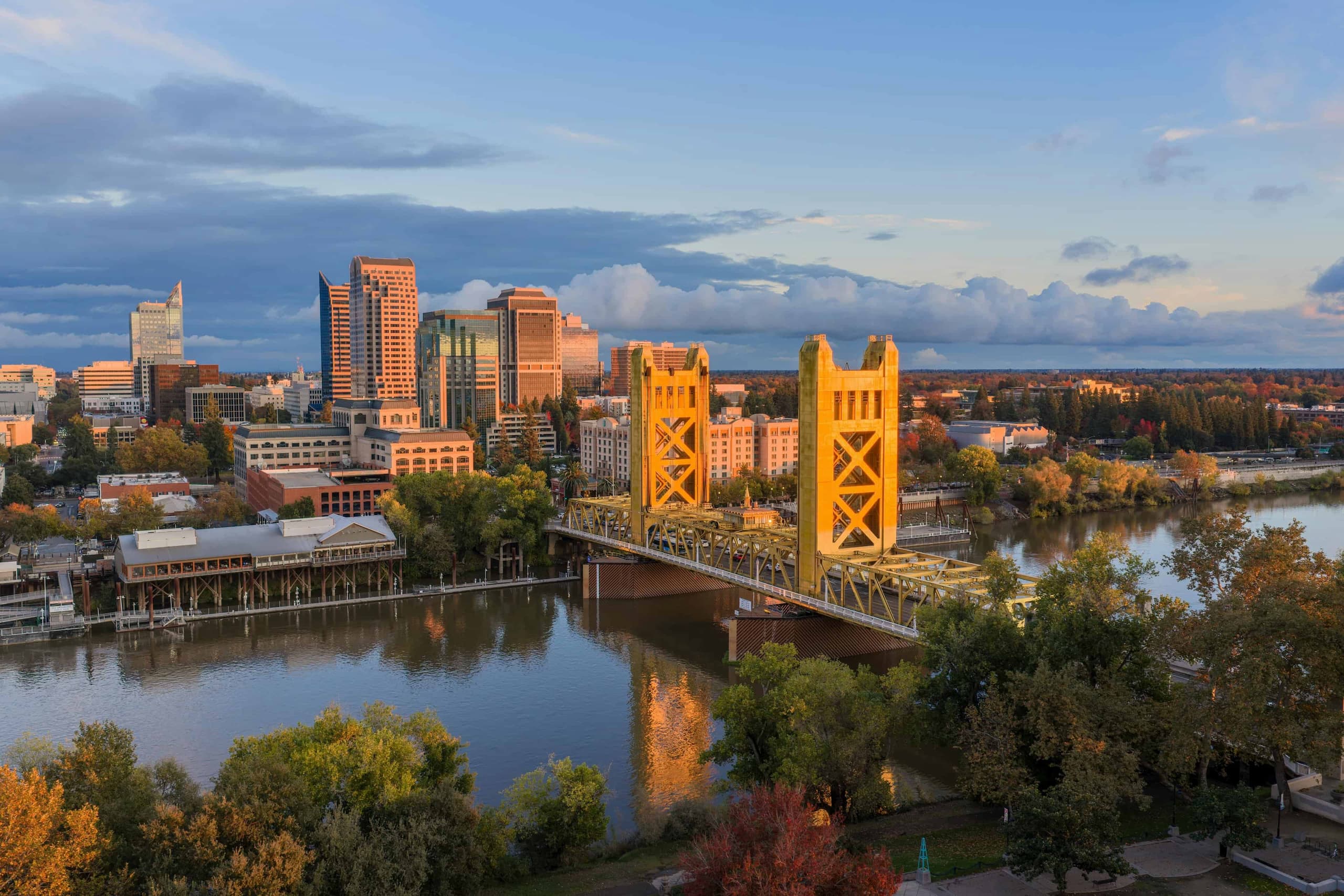 Sacramento skyline and Tower Bridge at golden hour